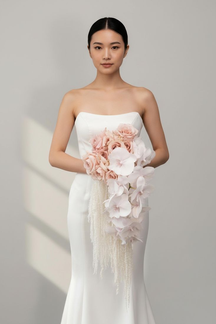 AI-generated bridal portrait with a cascading bouquet, editorial content