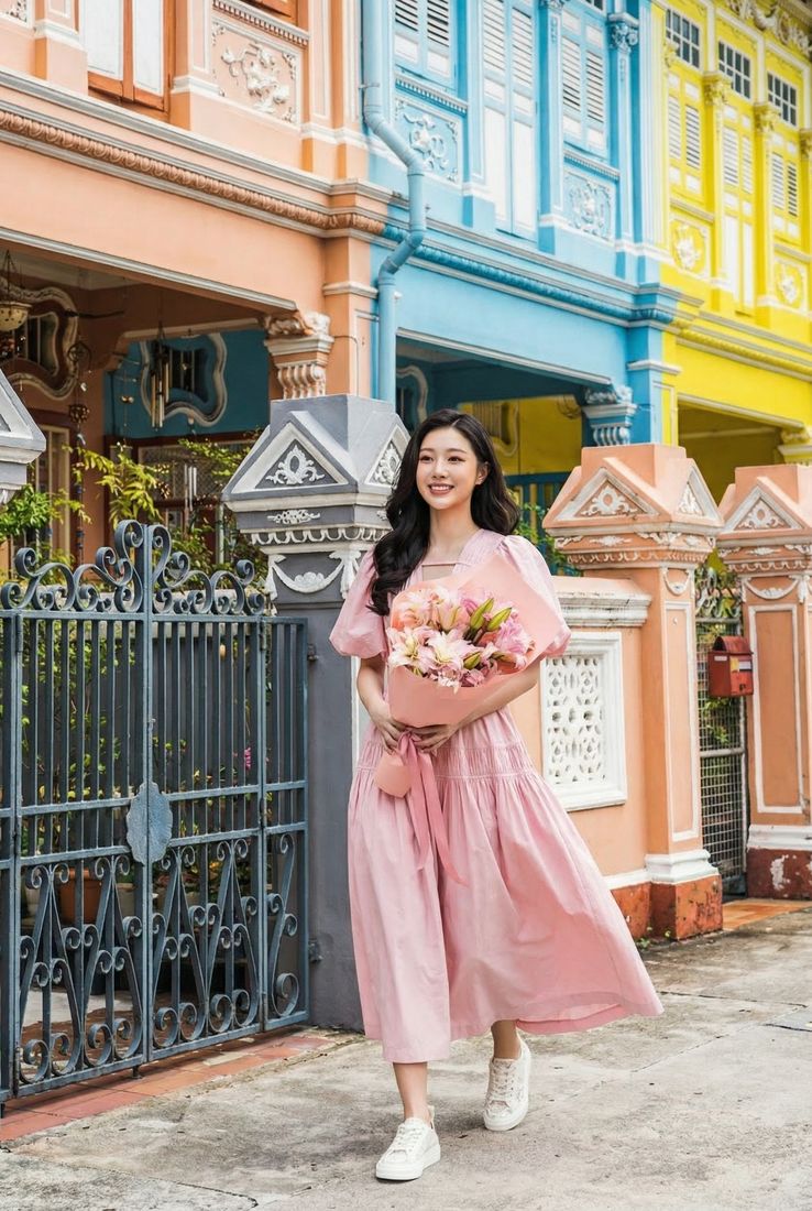 AI-generated lifestyle portrait of a woman in a pink dress in front of Peranakan shophouses, Singapore