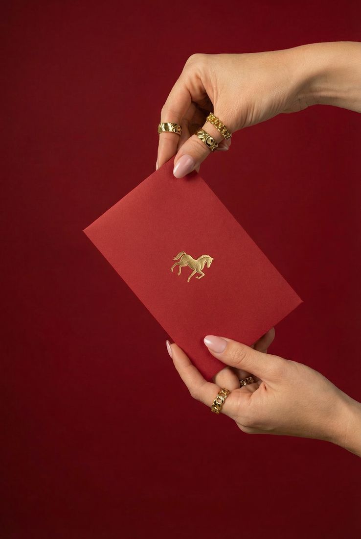 AI-generated red envelope with gold rings, festive jewelry concept