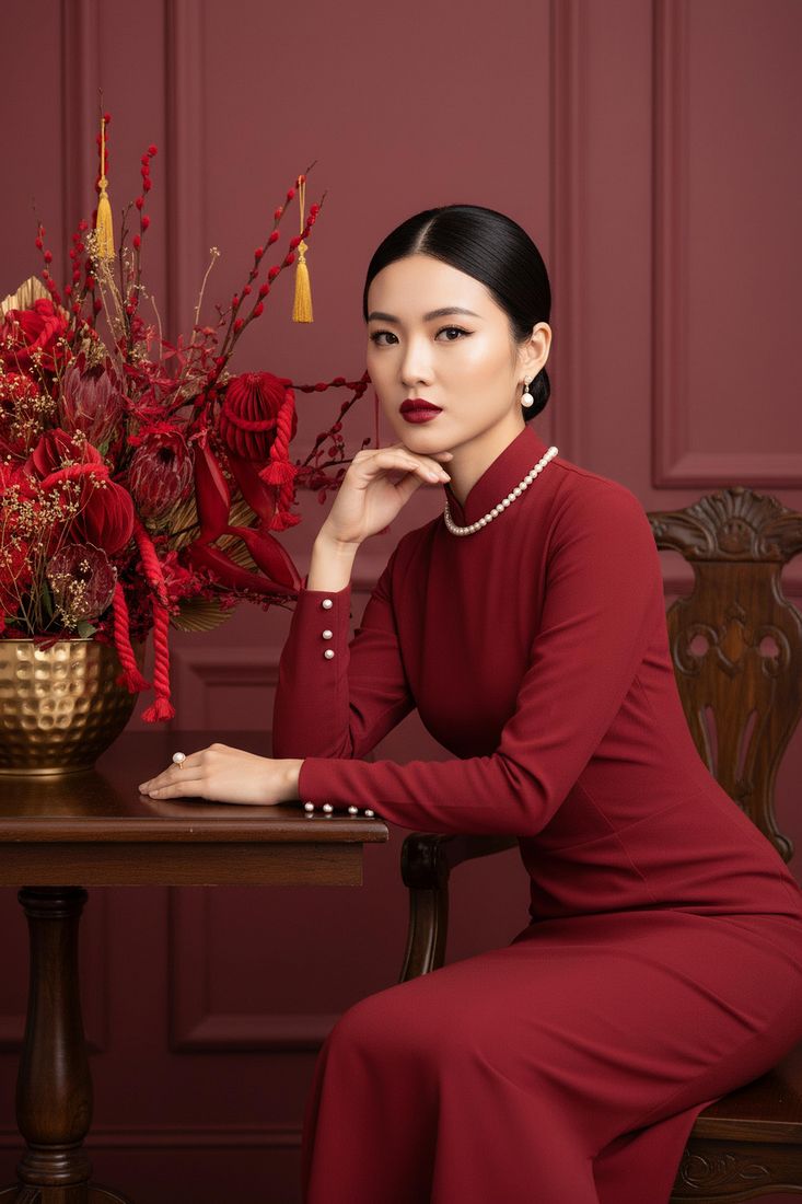 AI-generated studio portrait of a woman in red, editorial magazine style
