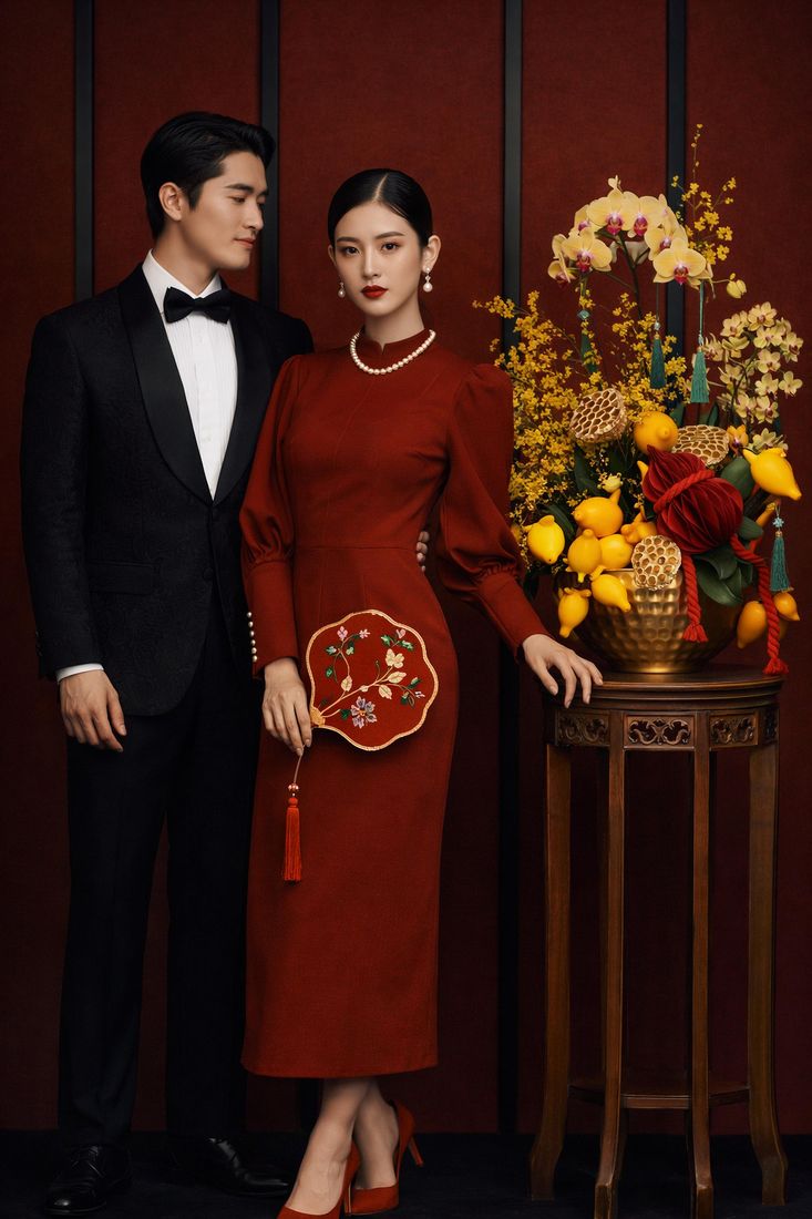 AI-generated festive portrait of a couple in red, editorial-style content