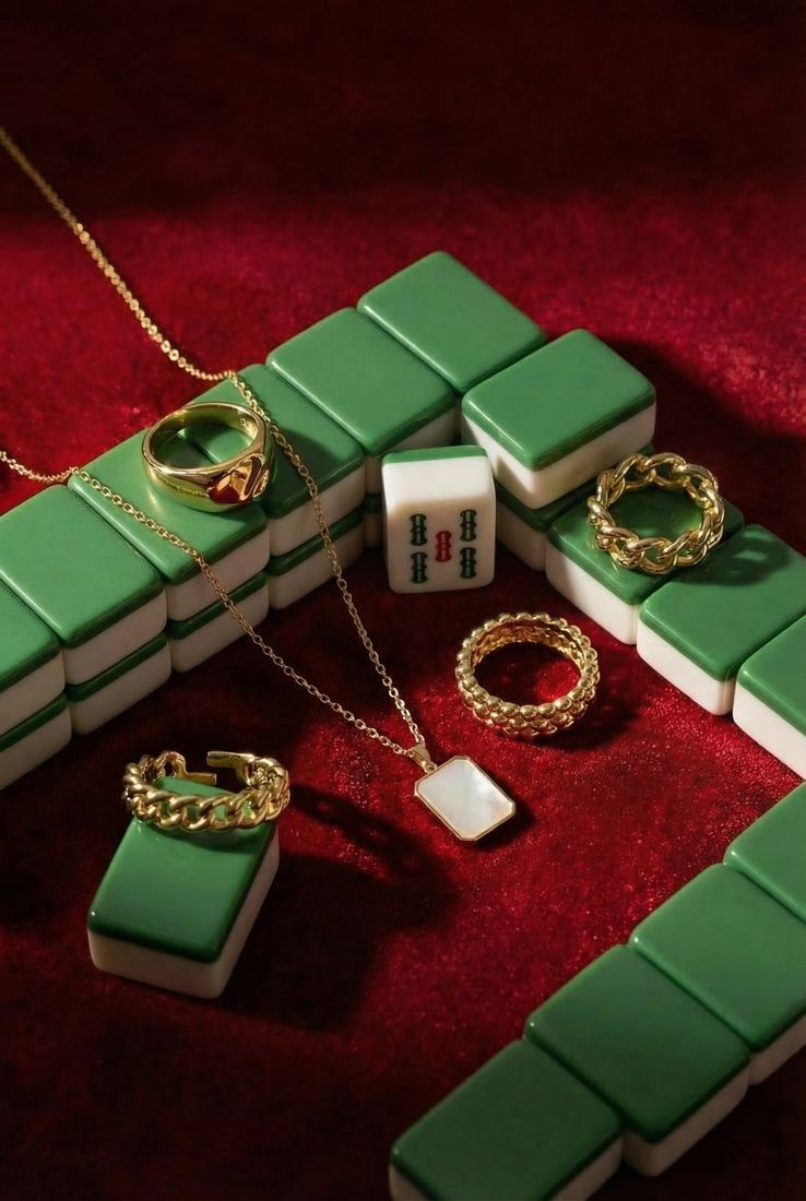 AI-generated gold rings on mahjong tiles, jewelry concept content Singapore